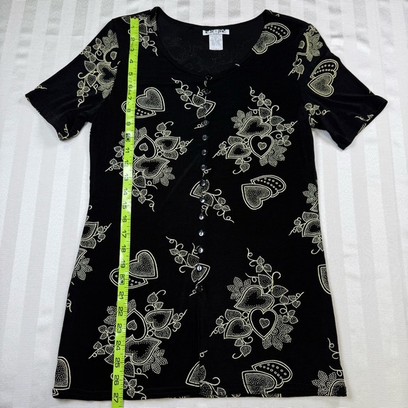 es•se Black Tunic Top Heart Pattern Button Front Small Knit VTG 90s Esse - Picture 11 of 14